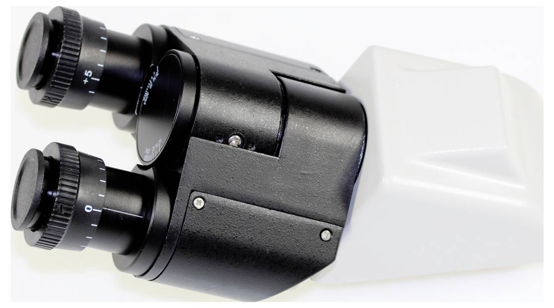 Oculaire de microscope avec deux lentilles noires et des molettes de réglage sur un fond blanc. Idéal pour des observations scientifiques précises.