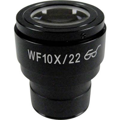 Lentille oculaire portant l'inscription "WF10X/22" avec un symbole de lunettes, adaptée aux microscopes, permettant de grossir des objets.