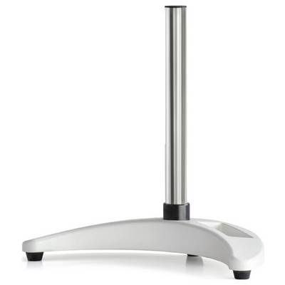 Un support rond en métal argenté avec un large socle blanc en forme de pied. Adapté pour maintenir des appareils ou des accessoires.
