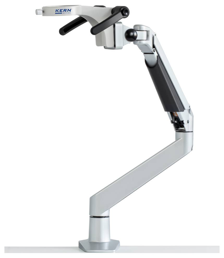 Bras métallique réglable avec poignées, monté sur une base fixe. Adapté pour les instruments optiques tels que les microscopes.