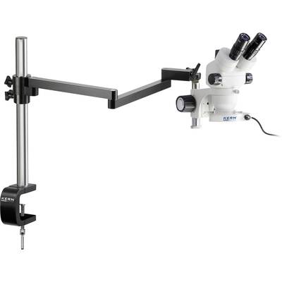 Un microscope stéréoscopique Zeiss avec bras flexible pour un positionnement optimal sur une table de travail. Idéal pour des analyses de détails précis.