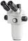 Un microscope blanc binoculaire avec deux oculaires et plusieurs molettes de réglage. Il est destiné à grossir des objets.