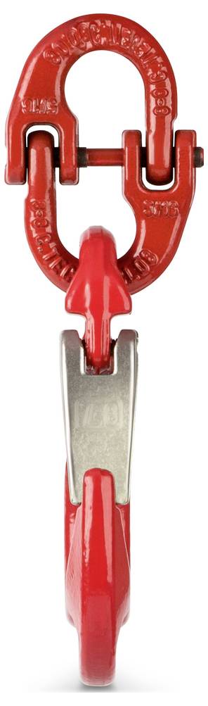 Crochet rouge avec attache métallique, engin de levage industriel, orienté verticalement.