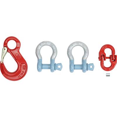 Quatre accessoires de levage différents : Un crochet rouge, deux manilles argentées avec des boulons bleus et un petit connecteur rouge et bleu.