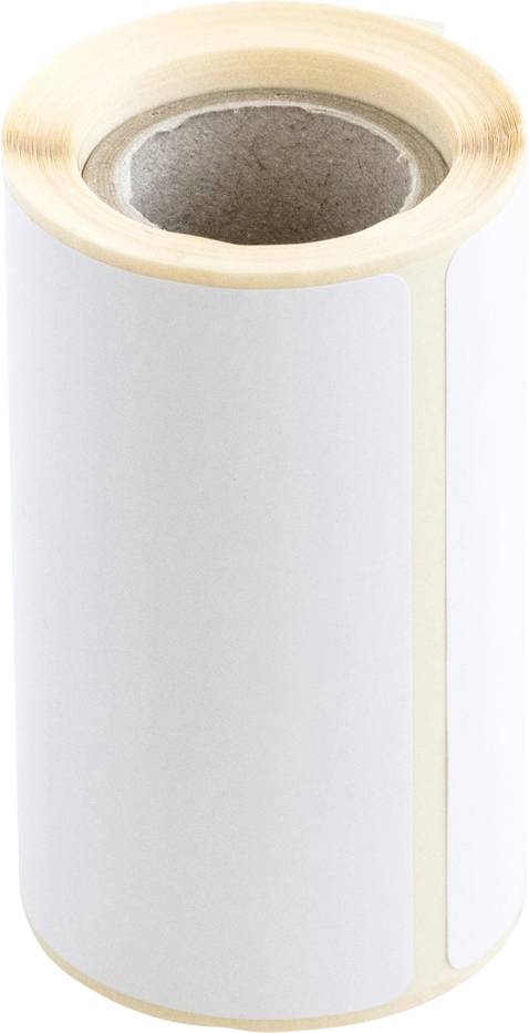 Rouleau d'étiquettes blanc, positionné verticalement, avec un mandrin visible et des étiquettes en papier amovibles.