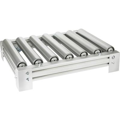'Convoyeur à rouleaux en acier avec huit rouleaux parallèles sur un châssis rectangulaire en métal.'