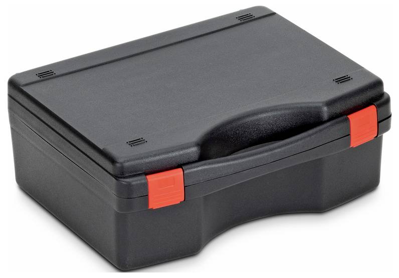 Boîte de rangement en plastique noir avec fermeture rouge et poignée de transport, fermée. Idéale pour le rangement d'outils ou de petites pièces.