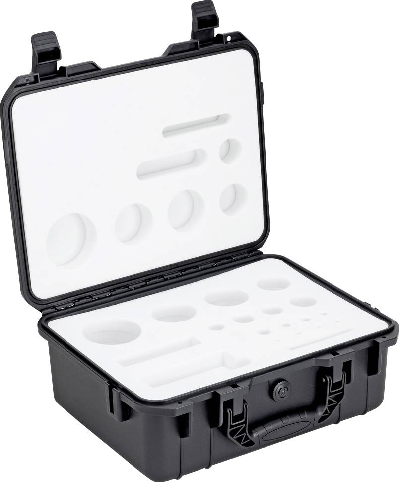 Un coffret de transport noir ouvert avec un insert en mousse blanche préformée pour le rangement sécurisé d'objets.