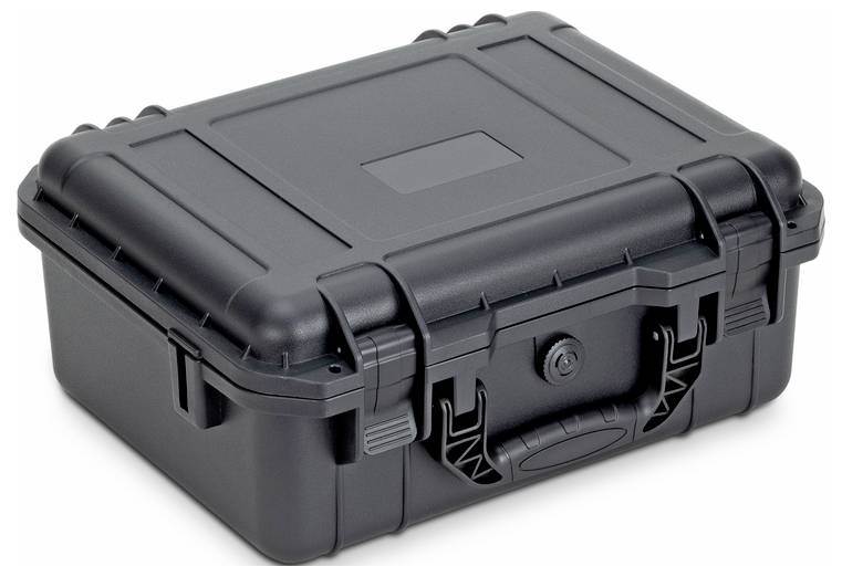 Une valise noire, robuste, avec poignée de transport et fermoirs à clips, adaptée au transport en toute sécurité d'objets fragiles.