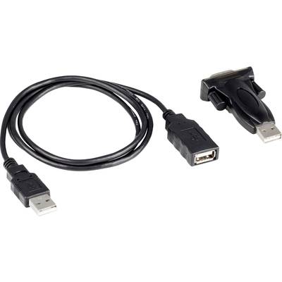 Un câble d'extension USB noir et un adaptateur VGA vers USB sont posés côte à côte sur un fond blanc.