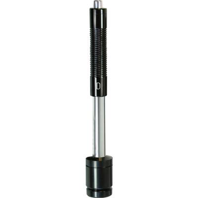 Stylo cylindrique en métal noir et argenté avec une poignée striée au centre, positionné verticalement.