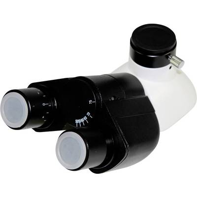 Un objectif de microscope avec deux oculaires et une molette de mise au point, principalement dans un boîtier noir et blanc.