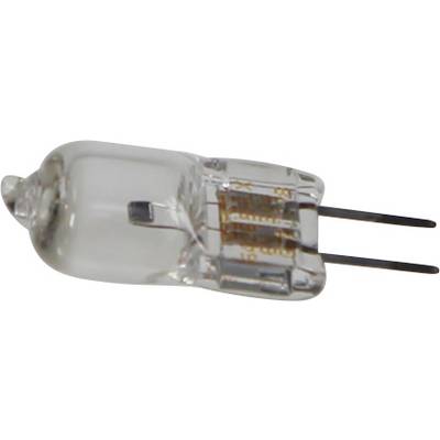 Lampe halogène à deux broches métalliques, boîtier transparent et filament incandescent interne ; utilisée dans les systèmes d'éclairage.