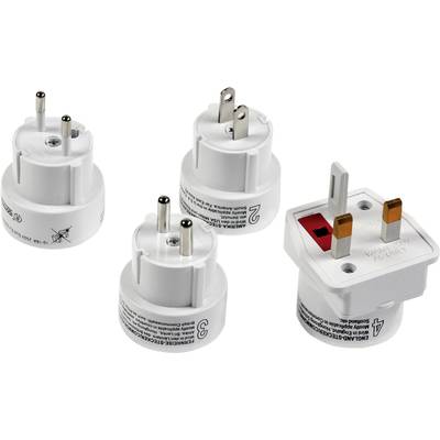 Quatre adaptateurs de voyage internationaux avec différentes configurations de fiches pour une utilisation dans le monde entier.