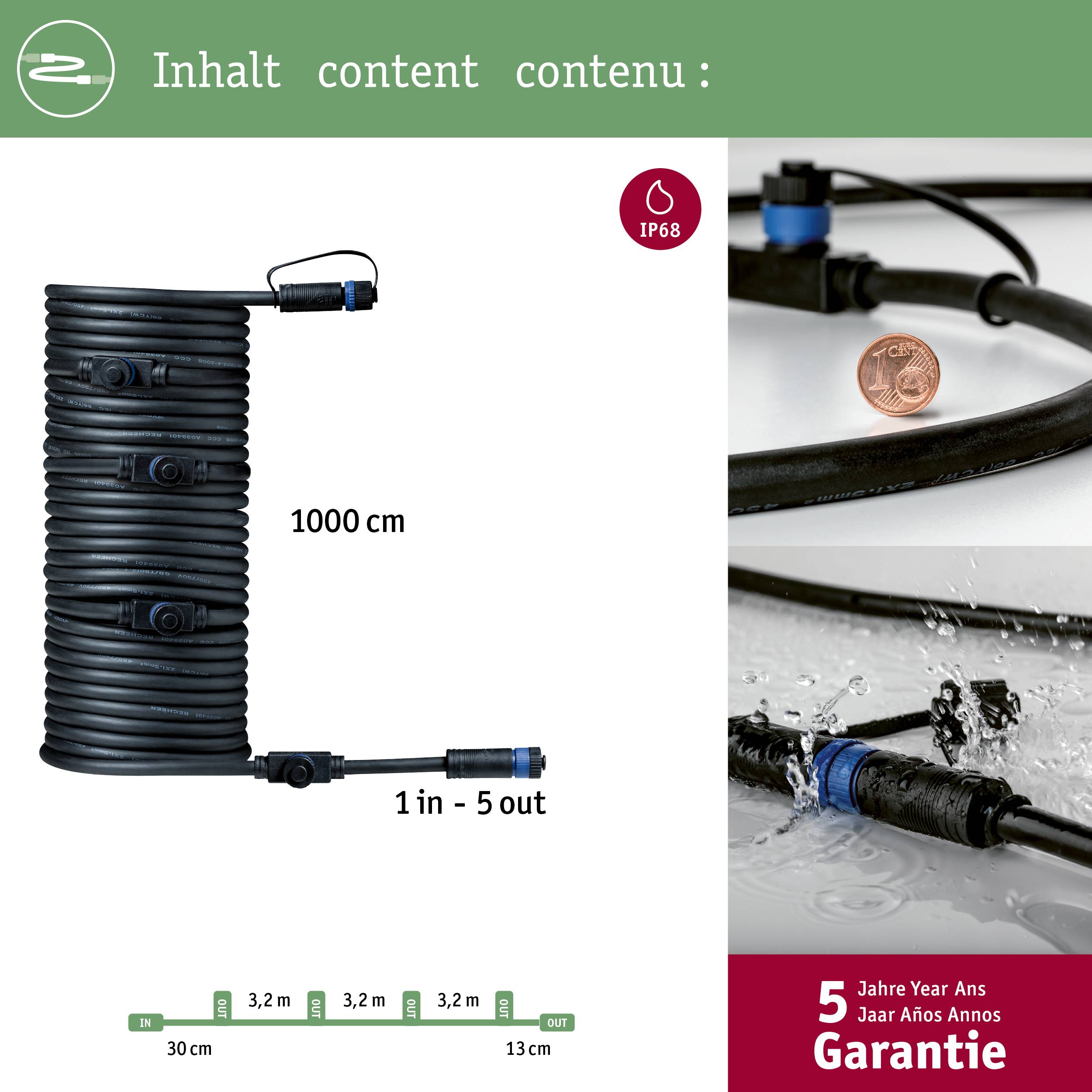 'IP68' Câble étanche, long de 1000 cm, avec 5 ans de garantie. À gauche : détail du câble, à droite : câble avec une pièce de monnaie en euro comme échelle.