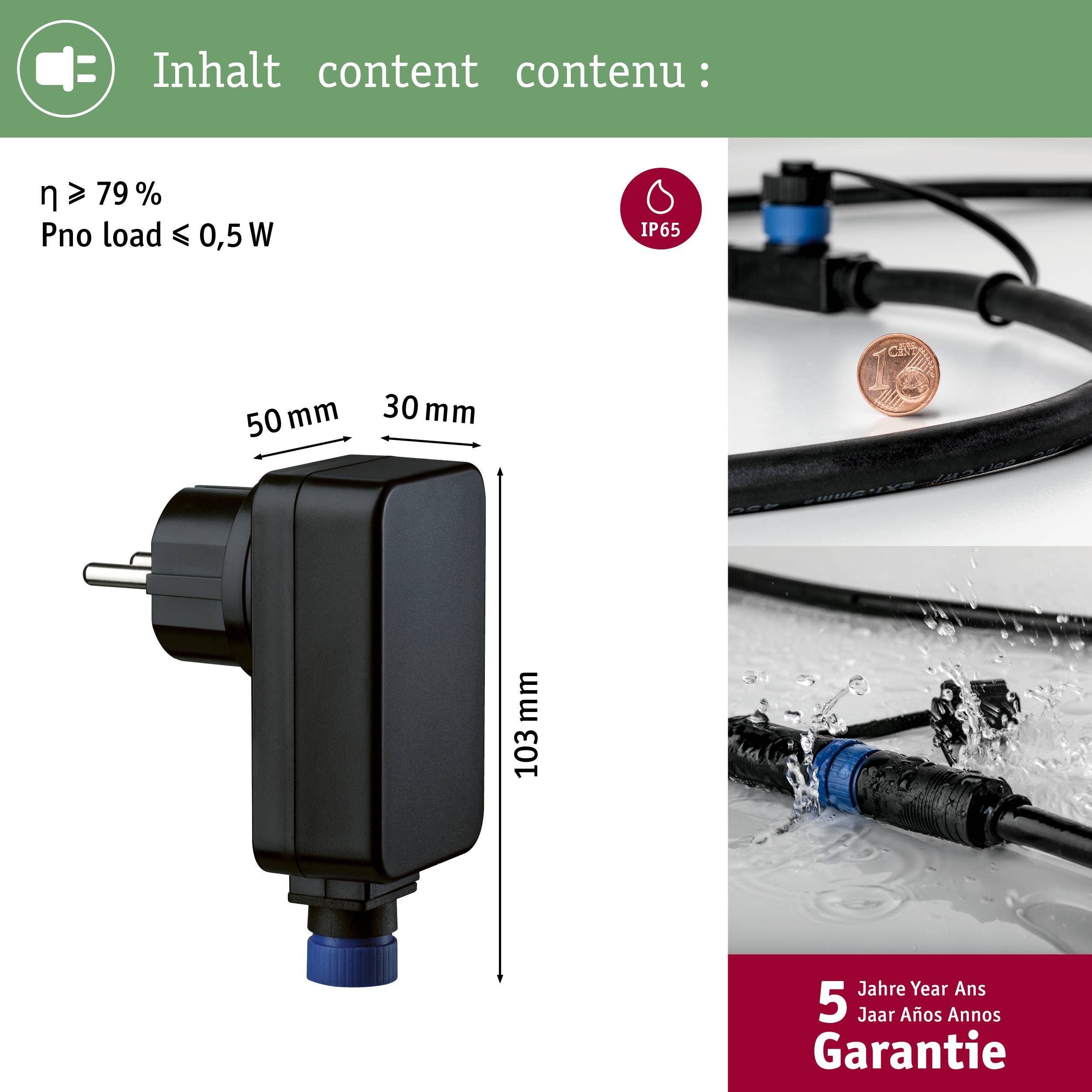 Bloc d'alimentation enfichable avec certification IP65, efficacité énergétique d'au moins 79%, dimensions 103x30x50mm. Inclus 5 ans de garantie.