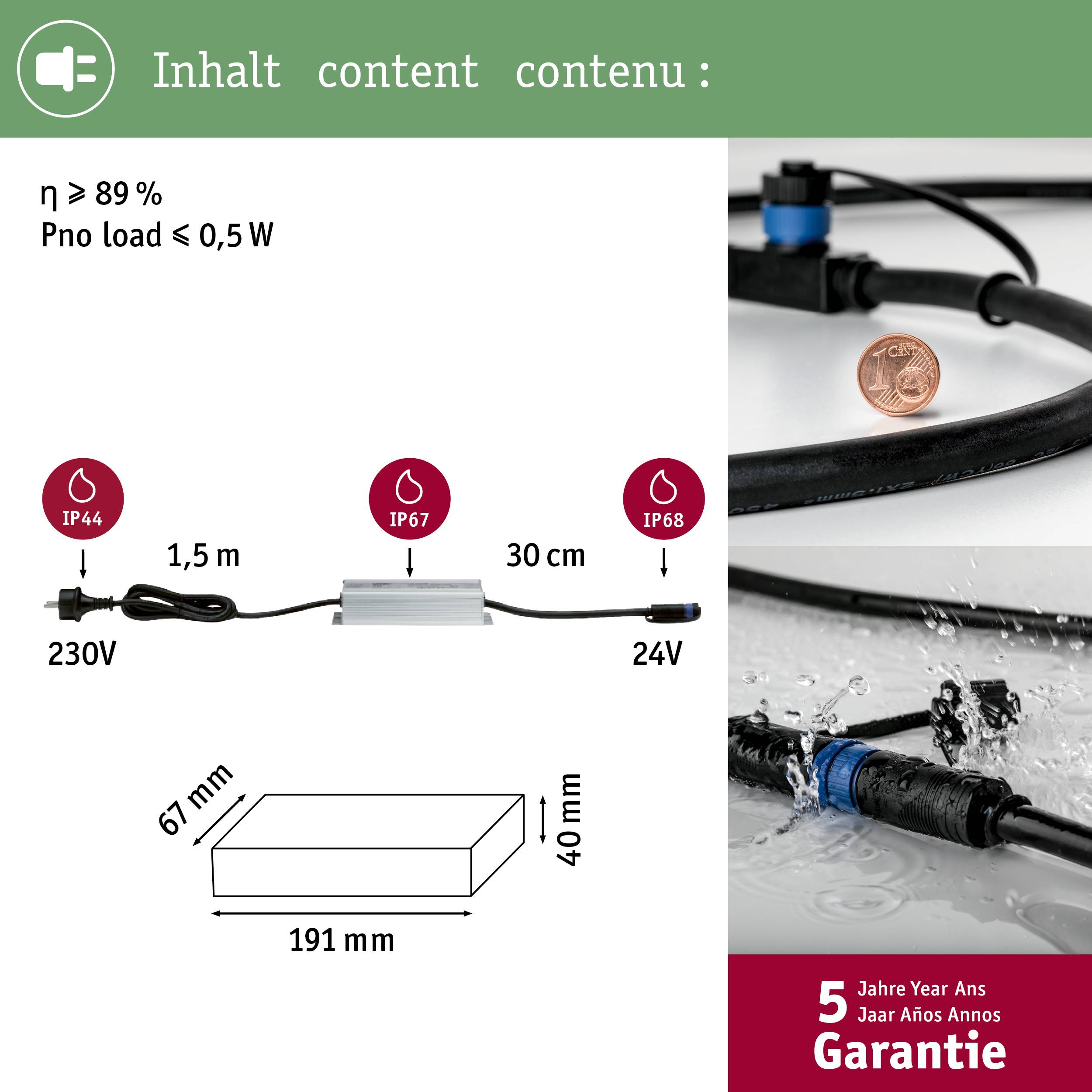 'Alimentation électrique avec indice de protection IP44/IP67/IP68, 230V, charge de 0,5W, sortie 24V. Dimensions : 191x67x40mm. 5 ans de garantie.'