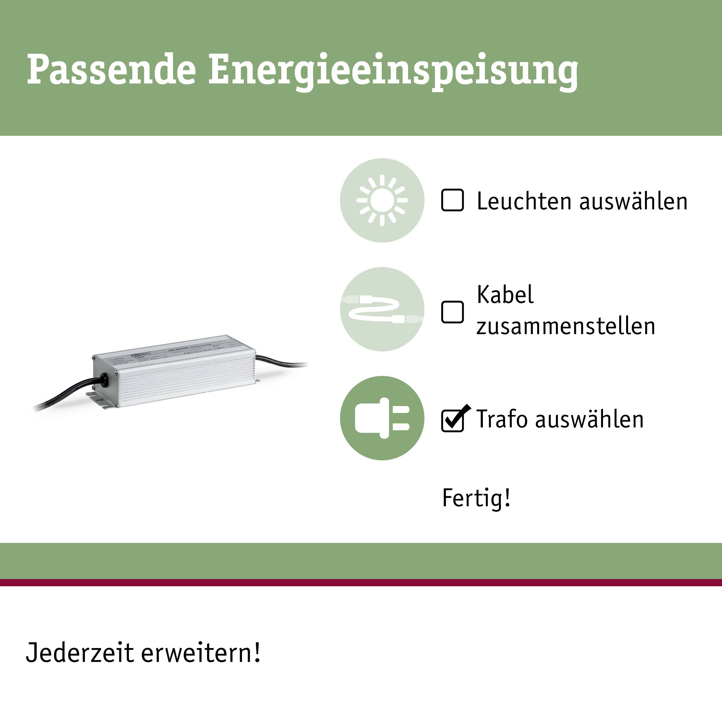 'Alimentation électrique appropriée' Guide : Choisissez un luminaire et un câble. Sélectionnez ensuite un transformateur. Statut : Terminé. Inscription en bas : 'Extensible à tout moment !'.