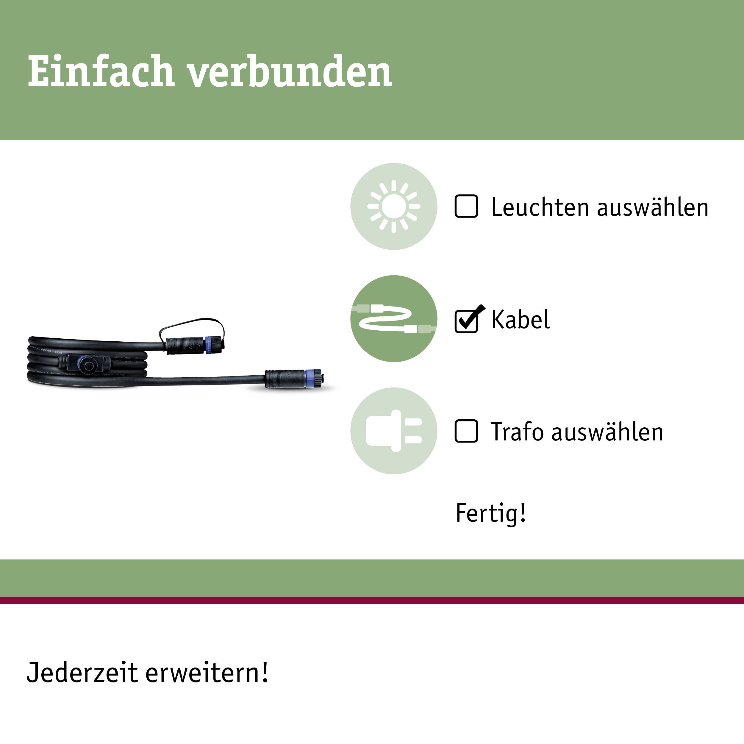 'Simplement connecté' : L'image montre un câble symbolisé avec une coche et la sélection de luminaires et de transformateur pour la confirmation de fin. Texte : 'Extensible à tout moment !'
