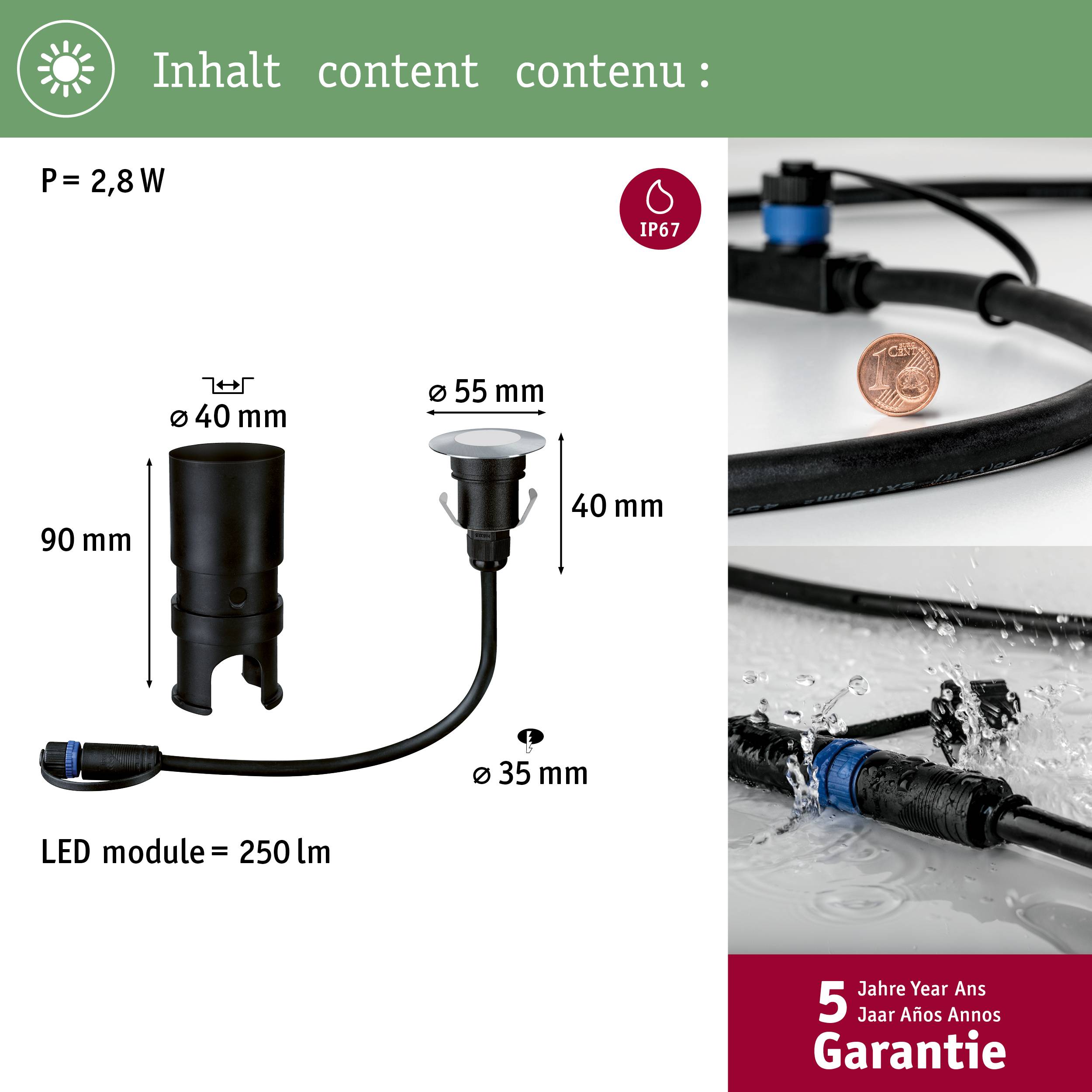 'Projecteur LED extérieur, IP67, puissance de 2,8W, 250 lumens, dimensions : hauteur 90 mm, largeur 40 mm. Garantie de 5 ans.'