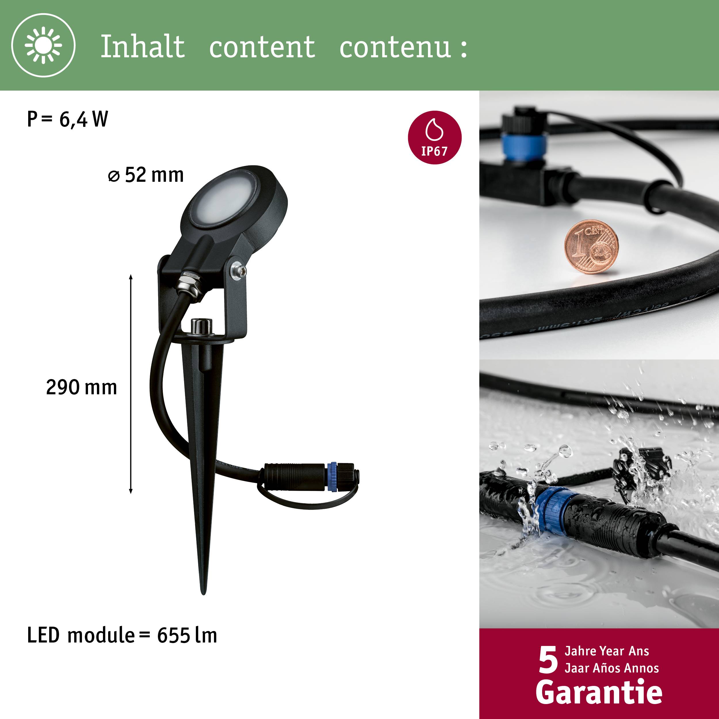 'Borne lumineuse LED avec une puissance de 6,4 W, un diamètre de 52 mm, et une luminosité de 655 lm, protégée selon la norme IP67. Garantie de cinq ans.'