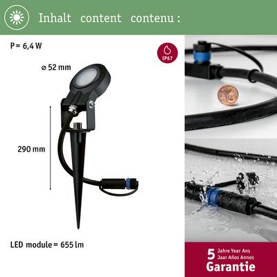 'Borne lumineuse LED avec une puissance de 6,4 W, un diamètre de 52 mm, et une luminosité de 655 lm, protégée selon la norme IP67. Garantie de cinq ans.'