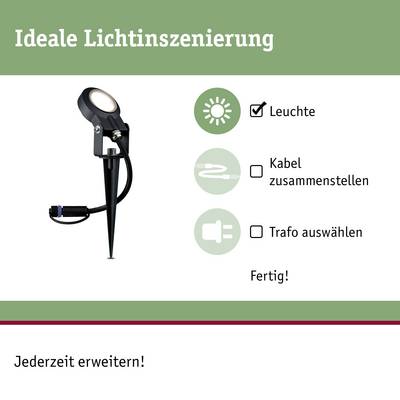 "Mise en scène lumineuse idéale" présente un luminaire de jardin, étapes : sélectionner le luminaire, le câble, le transformateur. Texte : "Extensible à tout moment !"