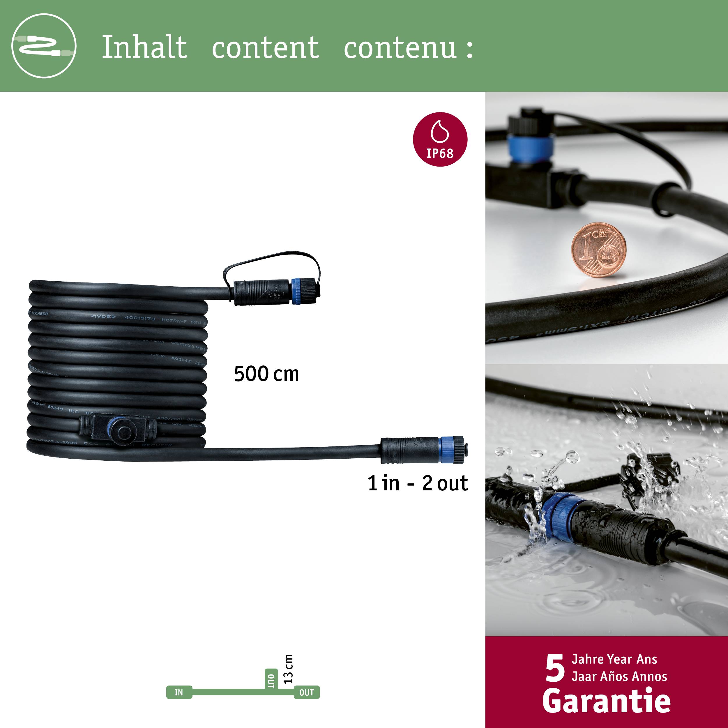 'Inhalt' présente un câble de 500 cm avec des détails de connexion. Protection IP68, 1 entrée, 2 sorties. Mention d'une garantie de 5 ans.