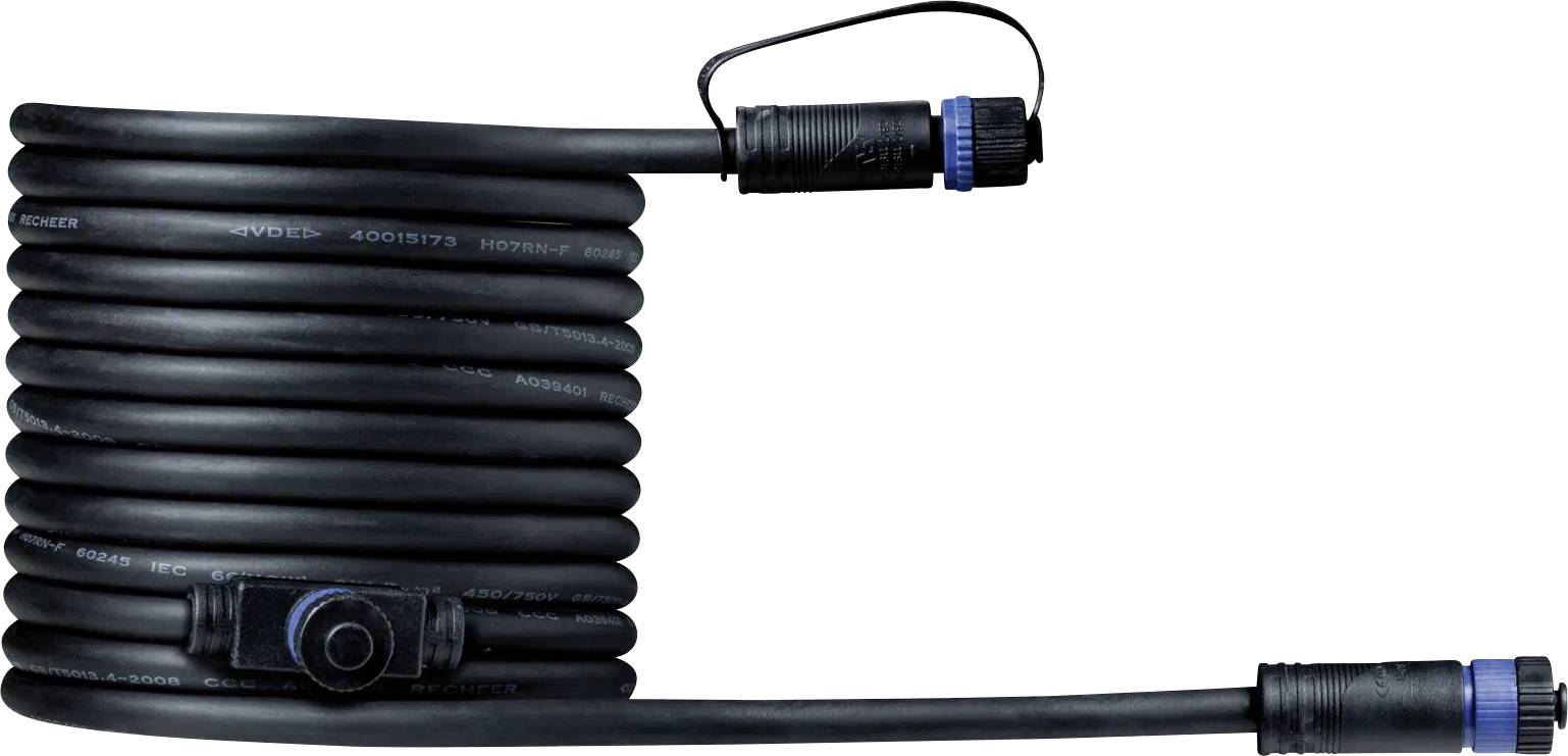 Une bobine de câble noire enroulée avec des accents bleus et des connecteurs aux deux extrémités. Adaptée à l'alimentation électrique en extérieur.