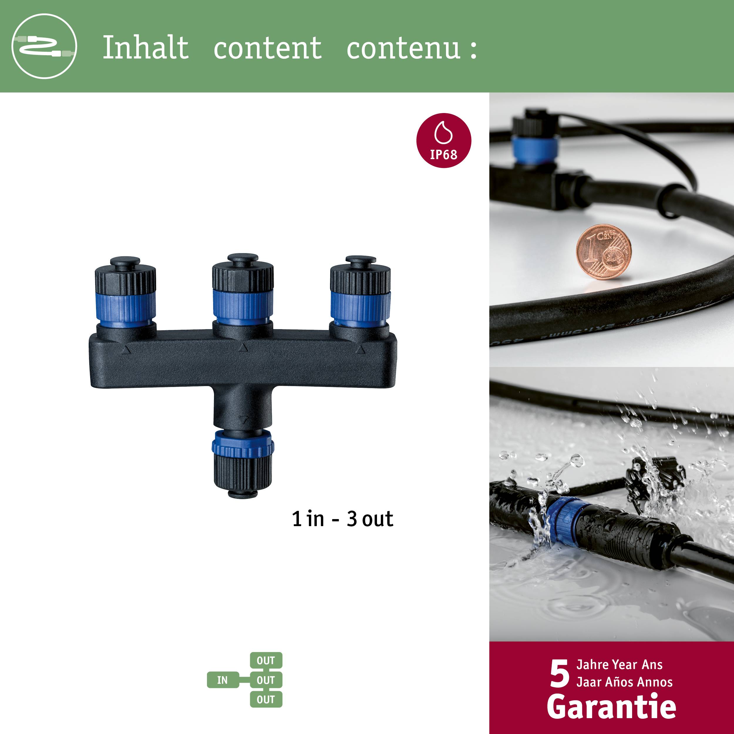 'Inhalt' montre un répartiteur d'eau noir avec trois raccords bleus. Symbole IP68, '5 ans de garantie' et une pièce de 1 centime visibles.