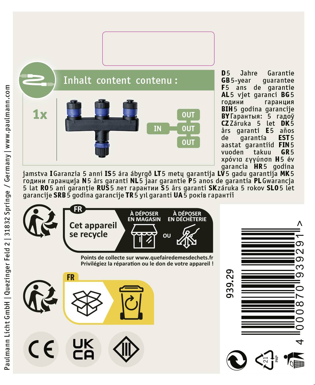 'Contenu': L'image montre un verso de packaging avec un composant technique et des textes de garantie multilingues, des instructions de recyclage et des informations de contact.