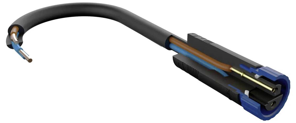 Une coupe transversale d'un câble coaxial noir montrant sa structure interne : conducteur en cuivre, isolant diélectrique et blindage tressé.