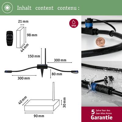 Diagramme avec dimensions d'un câble : longueur 300 mm, largeur 40 mm, hauteur 90 mm. Capteur IP68. Étanche, garantie de 5 ans.
