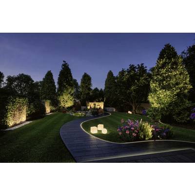 Un jardin illuminé la nuit, avec une pelouse, des arbres, des fleurs et un chemin sinueux traversant le paysage.