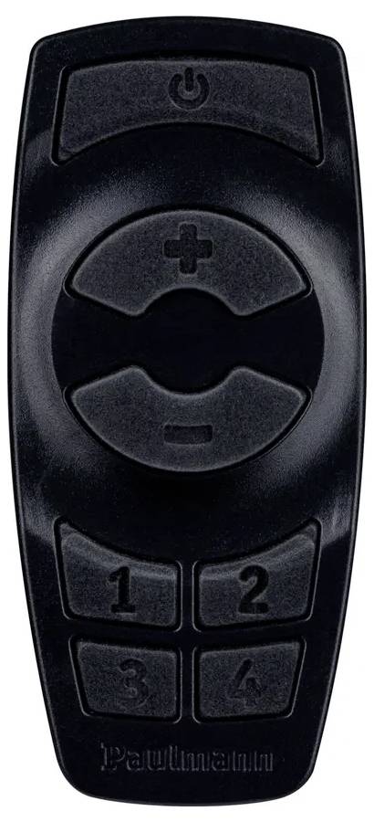 Télécommande noire avec des touches pour contrôler la luminosité et quatre boutons numériques pour paramétrer des programmes d'éclairage.