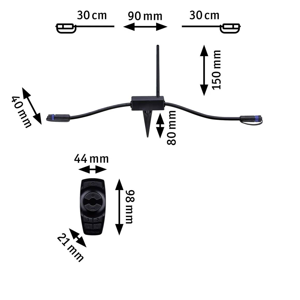 Graphique de produit d'un système d'irrigation de jardin : corps principal de 80 mm de hauteur, portée de 150 mm. Deux poignées latérales, chacune de 30 cm. Unité de commande de 98 mm de hauteur.
