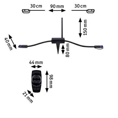 Graphique de produit d'un système d'irrigation de jardin : corps principal de 80 mm de hauteur, portée de 150 mm. Deux poignées latérales, chacune de 30 cm. Unité de commande de 98 mm de hauteur.
