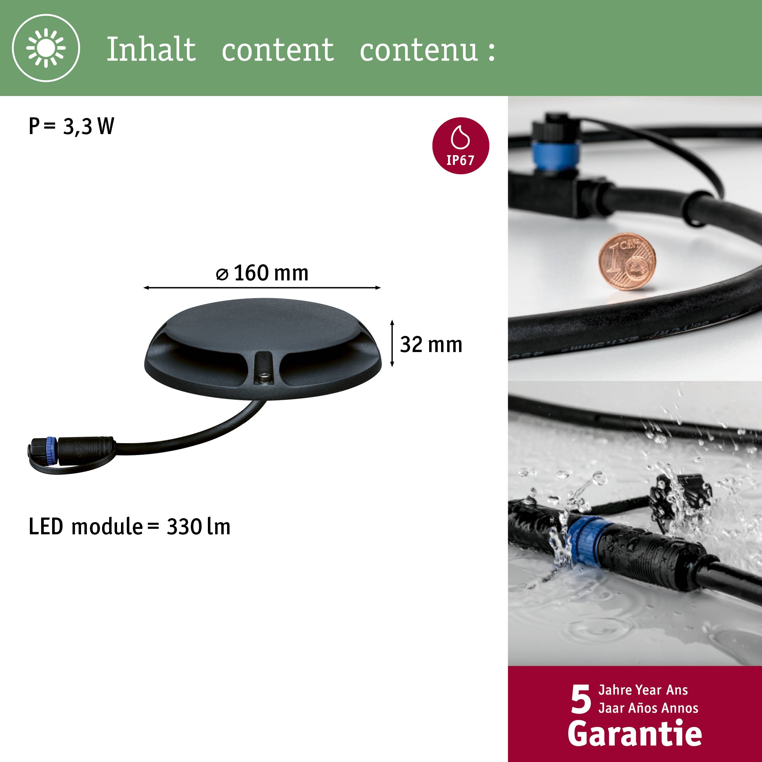 'Illustration d'un module LED certifié IP67. Détails : Puissance de 3,3 W, 330 lm, dimensions : Ø160 mm, hauteur 32 mm. Garantie de 5 ans.'