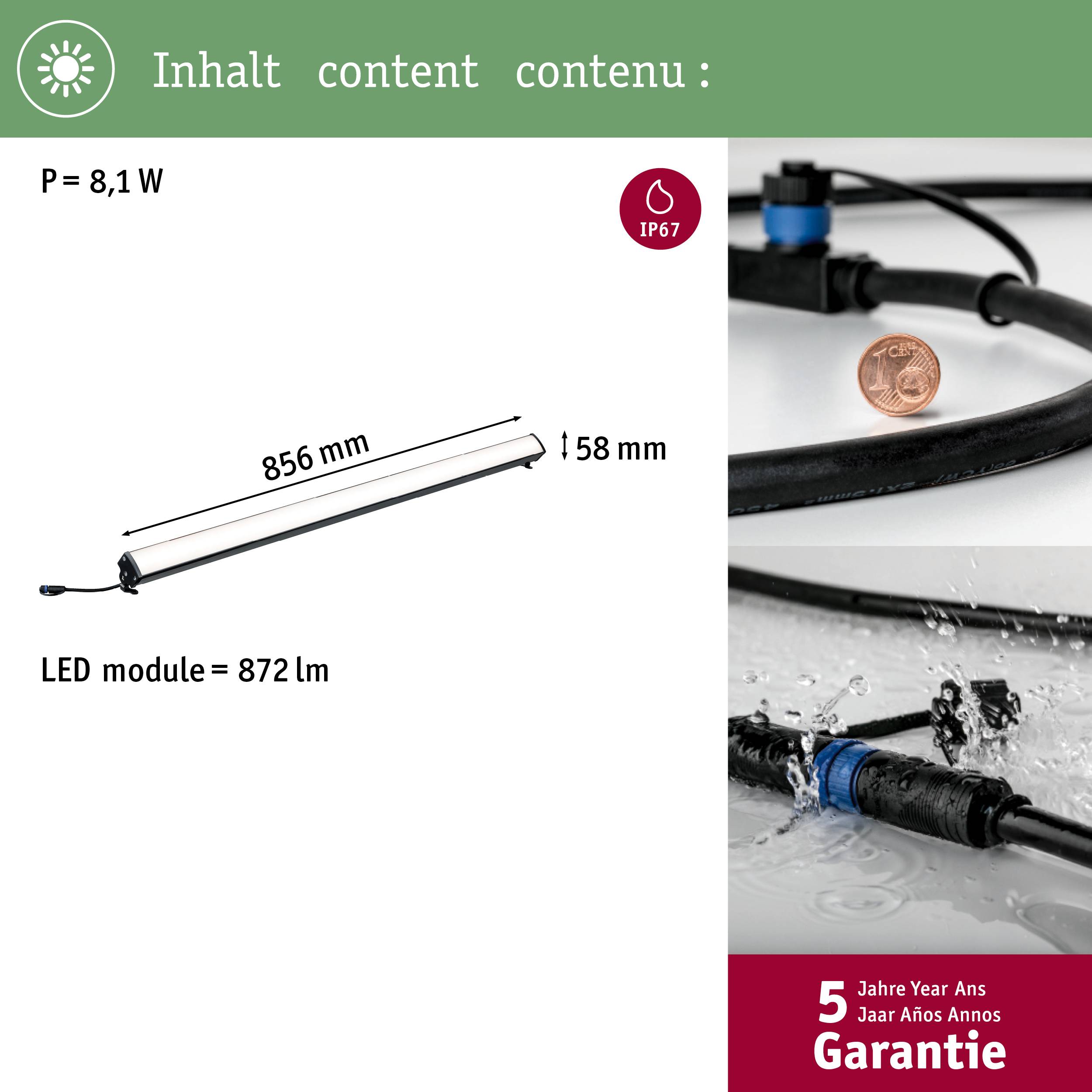 'Module LED : 8,1 W, 872 lm, 856 mm x 58 mm, IP67.' L'image montre des composants LED et des câbles. '5 ans de garantie' dans le coin.