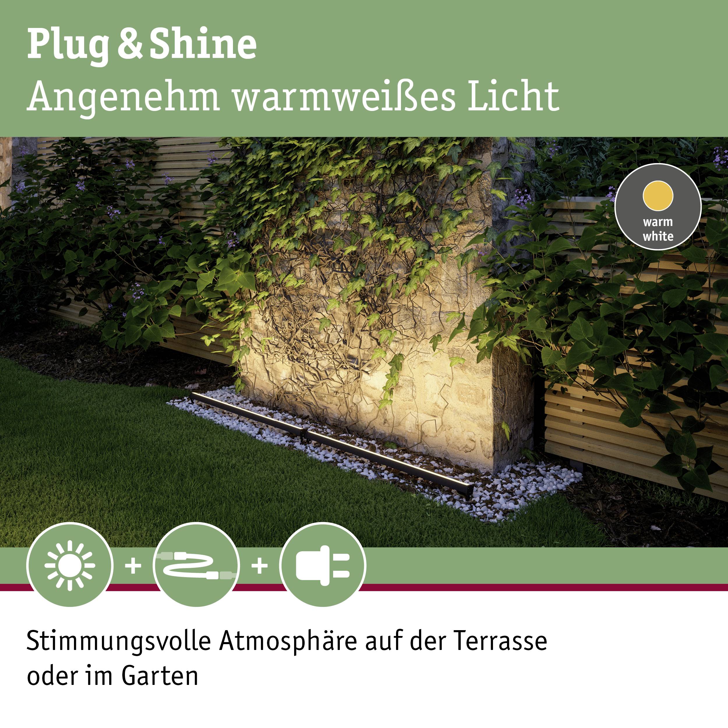 Éclairage 'Plug & Shine' avec une lumière blanc chaud, illuminant un mur de pierre recouvert de plantes. Idéal pour terrasse ou jardin.