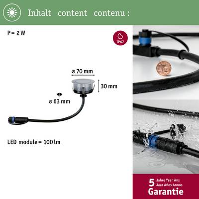 Module LED de 2W, 100lm, ø70mm x 30mm. Indice de protection IP67. Garantie de 5 ans.