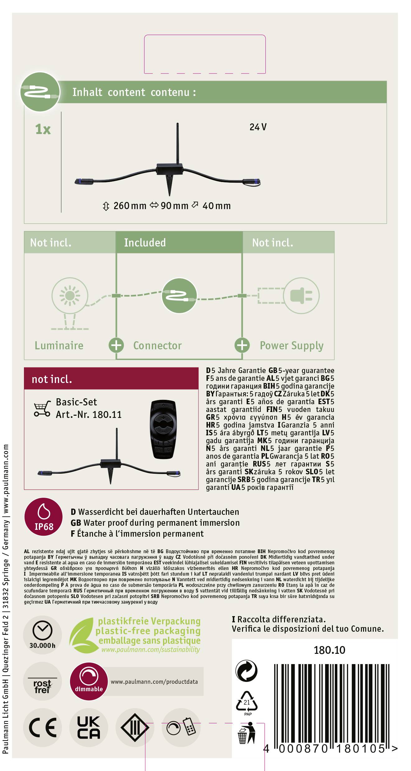 Étiquette avec illustration de lampe, accessoires inclus (douille, câble de connexion) et avertissements. Réf. 180.11.