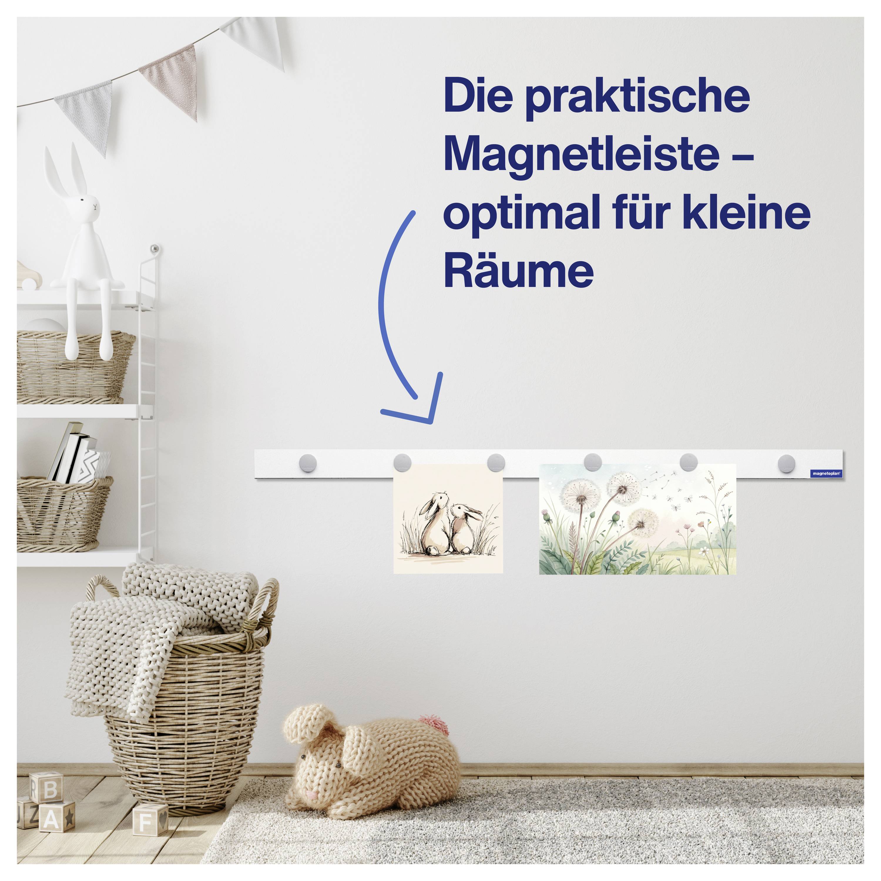 Une barre magnétique au mur présente deux tableaux suspendus. À côté est écrit : « La barre magnétique pratique – idéale pour les petits espaces ».