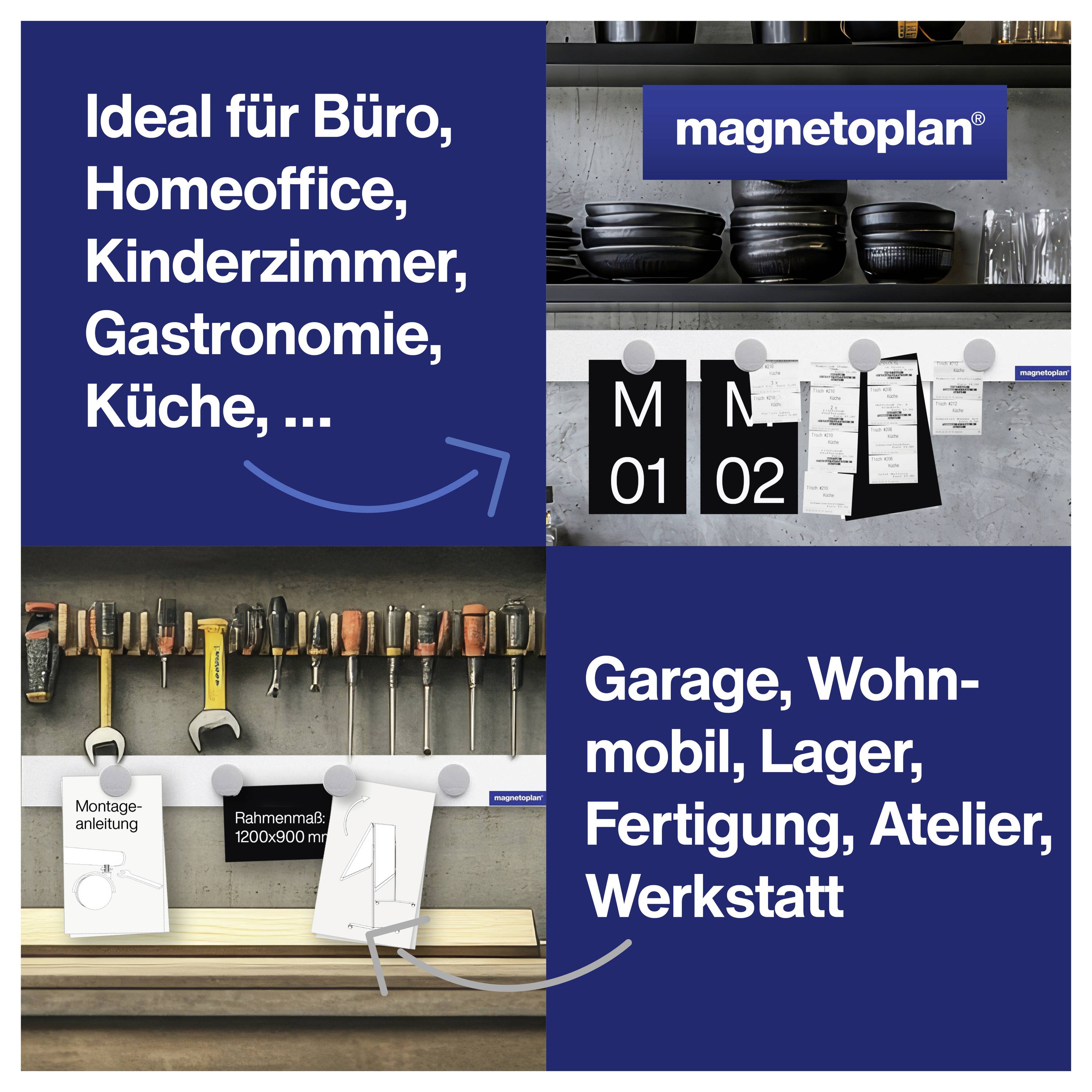 « Idéal pour bureau, chambre d'enfants, restauration, cuisine » ; « Garage, camping-car, entrepôt, atelier » ; Produits Magnetplan pour des applications polyvalentes.