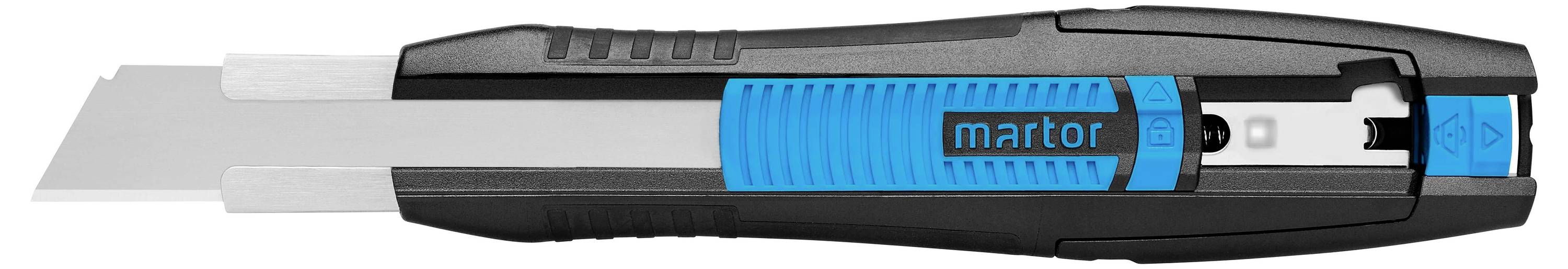 Couteau de sécurité noir et bleu avec lame visible et poignée ergonomique.