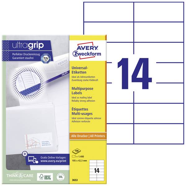 Avery-Zweckform 3653 Etiquette universelles 105 x 42.3 mm papier blanc 1400 pc(s) fixation permanente  imprimante à jet d'encre, imprimante laser, imprimante laser couleur, photocopieuse, photocopieuse couleur, inscription à main
