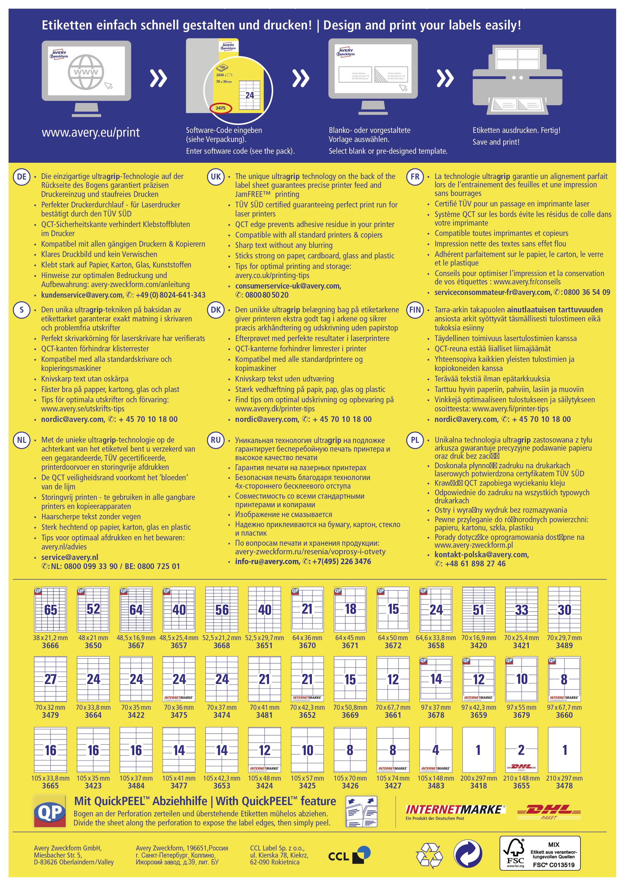 Avery-Zweckform 3653 Etiquette universelles 105 x 42.3 mm papier blanc 1400 pc(s) fixation permanente imprimante à jet d-1