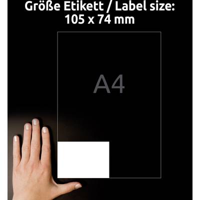'Grande étiquette / Taille de l'étiquette : 105 x 74 mm' au-dessus d'une illustration montrant le rapport entre une petite étiquette et une feuille A4 tenue par une main.