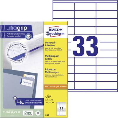 Avery-Zweckform 3421 Etiquette universelles 70 x 25.4 mm papier blanc 3300 pc(s) fixation permanente  imprimante à jet d