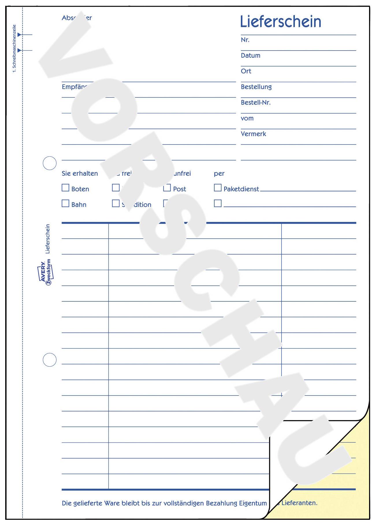 Bon de livraison avec des champs pour N°, Date, Lieu, Client, Commande, N° de commande, De, Remarque. Options de livraison par coursier, train, poste ou service de colis.